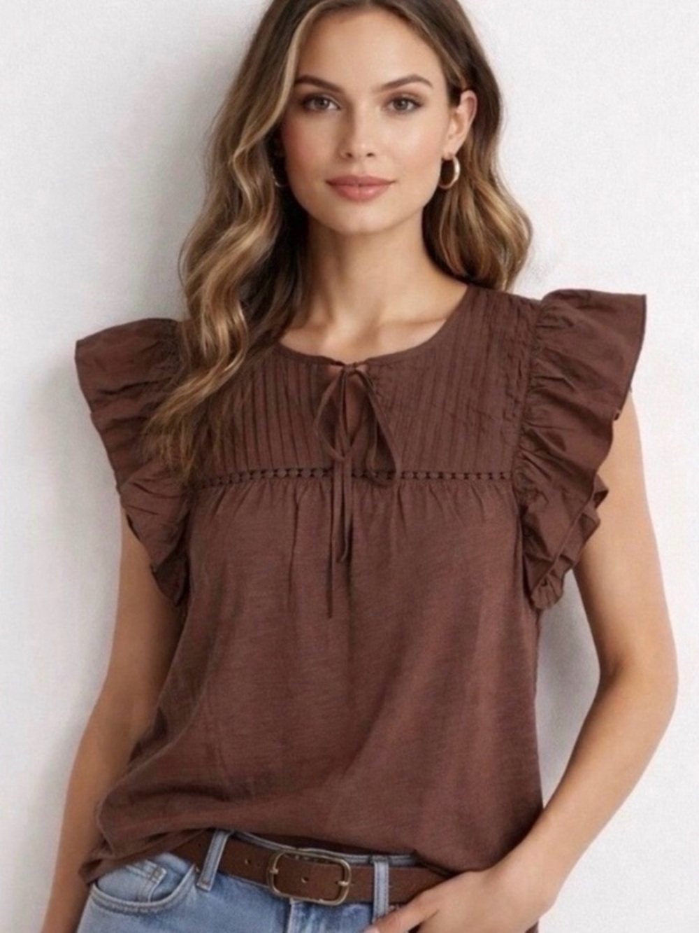 NEW Dolan Brown Ruffle Sleeve Tie-Neck Top Size Small Cotton Shirt Blouse New